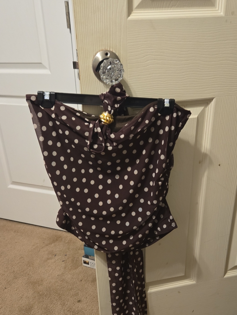 Divided Brown Polka Dot Halter Crop Top with Gold Ring